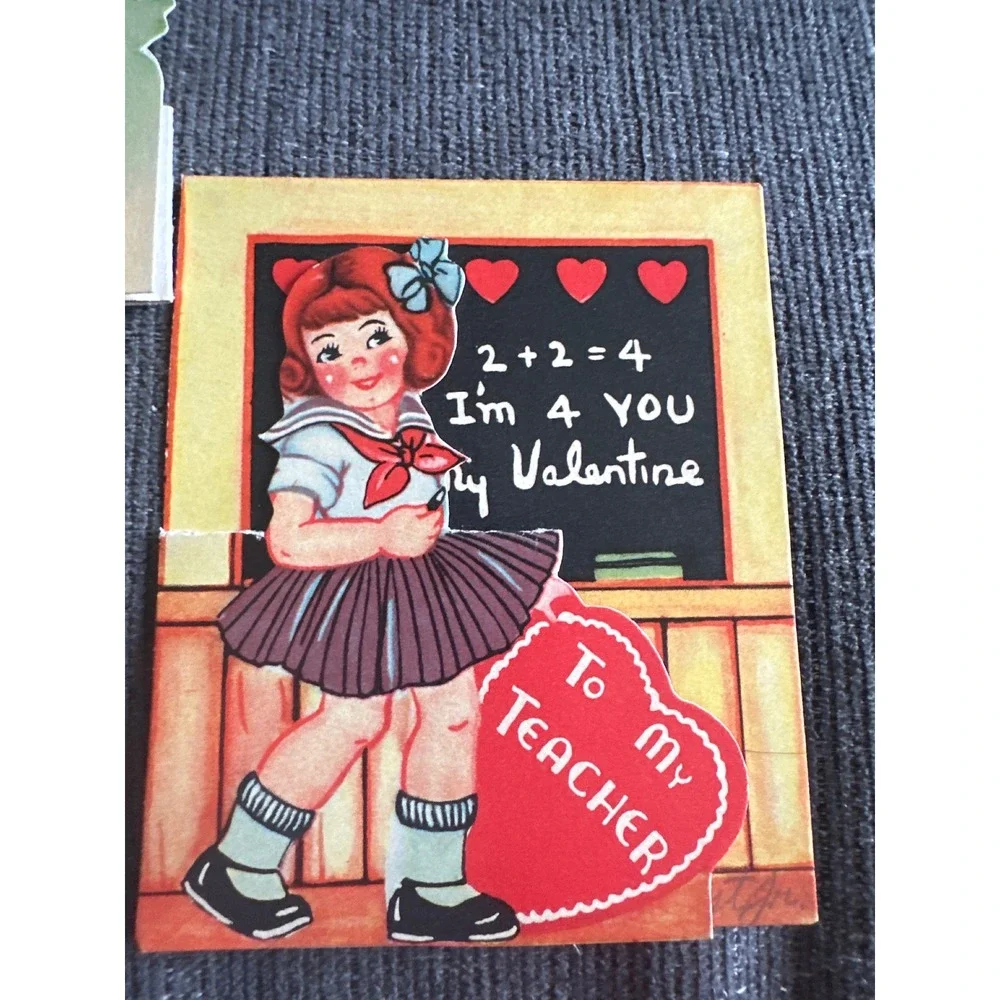 Vintage Teacher Valentine Cards Lot of 3 Mechanical Die Cut 1940s 1950s Ephemera